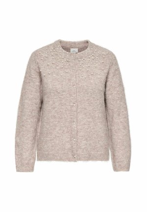 Blød beige cardigan med knapper, lange ærmer og dekorative perleperler spredt nær halsudskæringen og ned foran.