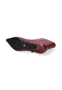 Bordeaux hoge hak schoenen met een spitse neus, zwarte zool en een ontwerp met een textuuraccent nabij de hak. Gemaakt van soepel leer.
