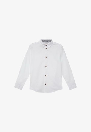 Weißes Langarmhemd mit Knopfleiste, braunen Knöpfen und gemustertem Innenkragen. Hergestellt aus einem glatten Stoff.