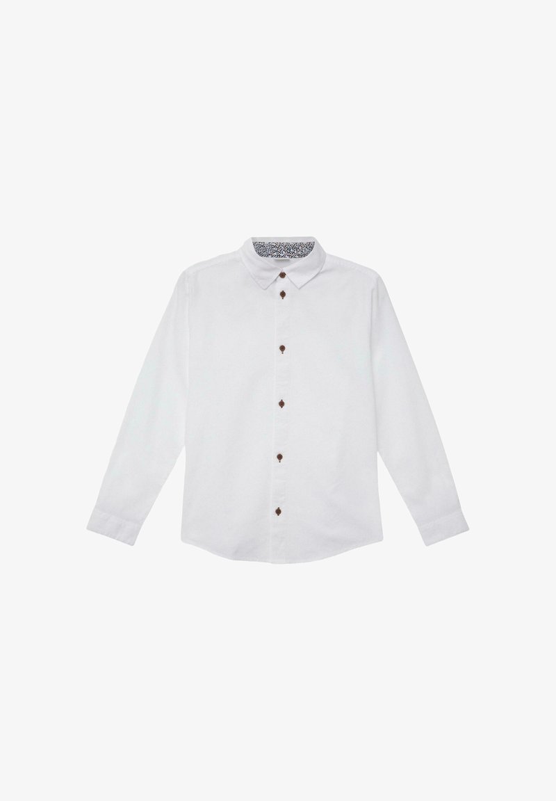Weißes Langarmhemd mit Knopfleiste, braunen Knöpfen und gemustertem Innenkragen. Hergestellt aus einem glatten Stoff.