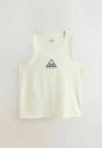 Camiseta sin mangas de color amarillo claro hecha de algodón suave, con un gráfico triangular que presenta el texto "LEVÁNTATE CON EL SOL" en azul oscuro.