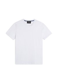 T-shirt bianco in cotone con maniche corte e scollo rotondo. Presenta un design minimalista, una texture liscia e un piccolo logo sul davanti.