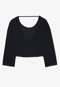 Mustmust crop-top pehmest kangast, millel on lahtine lõige, laiad varrukad ja sügav ümar kaelus. Sile tekstuur ja minimaalne disain.