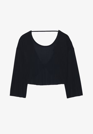 Top cropped noir en tissu doux, avec une coupe ample, des manches larges et un décolleté en U profond. Texture lisse avec un design minimal.