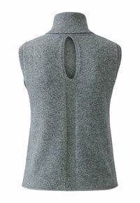 Sleeveless gray sweater with a ribbed mock neck, featuring an oval cutout at the back and vertical seam detailing. Soft texture.