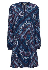 Långärmad, marinblå klänning med paisley- och geometriska mönster i rött och turkost, har en nyckelhålsknäppning och samlade ärmslut.