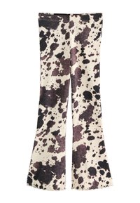 Flared leggings in a beige fabric featuring a black and brown splatter pattern. Ribbed texture with scalloped hem details.