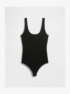 Costume da bagno nero con scollo a U, spalline sottili e silhouette aderente. Realizzato in tessuto liscio ed elastico. Presenta chiusure a scatto sul fondo.