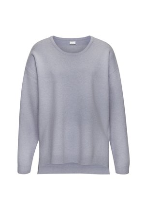 Light gray sweater with a round neckline, dropped shoulders, ribbed cuffs, and hem. It features a soft, smooth texture and loose fit.