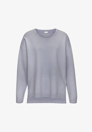 Hellgrauer Pullover mit Rundhalsausschnitt, überschnittenen Schultern, gerippten Bündchen und Saum. Er verfügt über eine weiche, glatte Textur und eine lockere Passform.