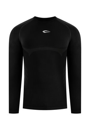 Schwarzes langärmliges Sportshirt mit nahtlosem Design und dezenten strukturierten Mustern, mit kleinem weißem Logo auf der Brust.