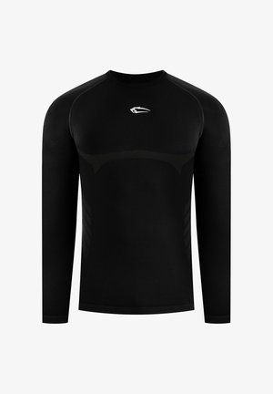 Schwarzes langärmliges Sportshirt mit nahtlosem Design und dezenten strukturierten Mustern, mit kleinem weißem Logo auf der Brust.