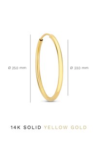 14K solid yellow gold hoop earrings, featuring a smooth texture, rounded shape, and diameters of 25.0 mm and 23.0 mm.