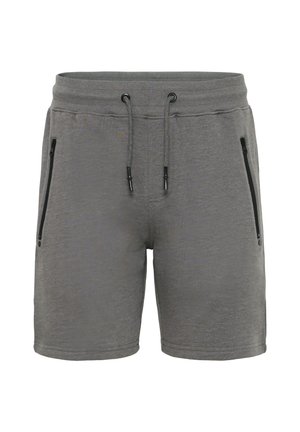 Pantaloni corti in cotone grigi con fascia elastica in vita e cordoncino, due tasche laterali con zip e una superficie liscia.