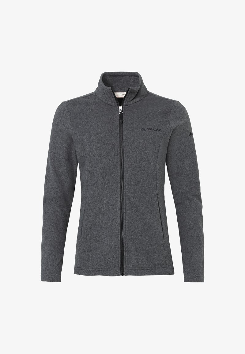 Veste polaire zippée intégralement gris foncé avec col montant, deux poches latérales et logos de la marque discrets sur la poitrine et la manche gauche.