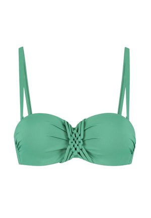 Un haut de bikini bandeau vert avec des bretelles fines réglables, un détail central texturé avec des accents tressés et des côtés en tissu froncé.