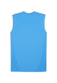 Mouwloos blauw sportshirt van gladde stof, met een ronde halslijn en een aansluitend ontwerp met subtiele naaddetails.