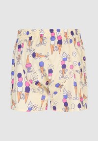 Gemusterte Badeshorts in Hellgelb mit bunten Eiscreme-Tüten und Figuren. Elastischer Bund mit Kordelzug. Weicher Stoff.