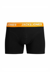 Sorte boxershorts med en bred orange linning med teksten "JACK & JONES" i hvid skrift. Glat tekstur, tætsiddende design.
