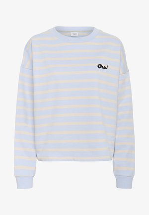 Hele helesinine dressipluus horisontaalsete kreemjate triipudega, ümmargune kaelus, laiem lõige ning must tikandiga tekst "Oui" rinnal. Puuvillane materjal.