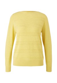 Pull en maille jaune à manches longues avec des motifs de rayures ajourées horizontales et des poignets et un bas côtelés.