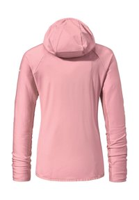 Felpa rosa a maniche lunghe, realizzata in un tessuto a coste testurizzato, con un design aderente e cappuccio. Cuciture decorative si estendono lungo le spalle e le maniche.