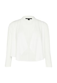 Weißer Cardigan aus einem weichen, strukturierten Stoff. Er hat einen offenen Frontbereich, drei Viertelärmel und ein lockeres, fließendes Design.
