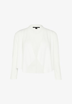 Witte cardigan gemaakt van een zachte, gestructureerde stof. Hij heeft een open voorkant, driekwartmouwen en een losse, vloeiende uitstraling.