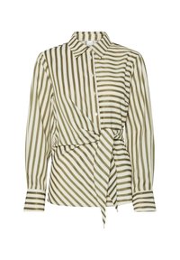 Overhemd met knoopsluiting met verticale crème- en olijfgroene strepen, een strikdetail in de taille en een klassieke kraag met lange mouwen.