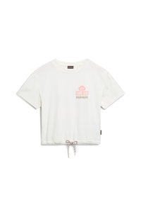 Witte cropped t-shirt gemaakt van zachte katoen, met een frontgraphic in perzikkleur en een trekkoorddetail aan de onderkant. Korte mouwen.