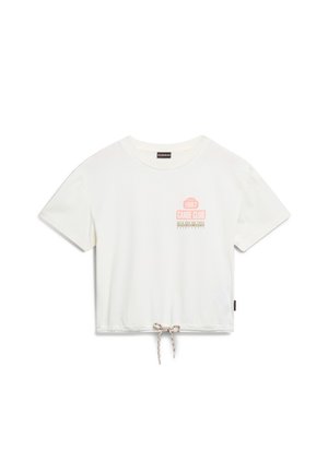 Witte cropped t-shirt gemaakt van zachte katoen, met een frontgraphic in perzikkleur en een trekkoorddetail aan de onderkant. Korte mouwen.