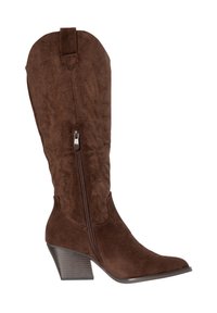 Brun ruskind midt på læggen cowboystøvle med stablet hæl, sidelås og dekorative syninger på skaftet og foden.