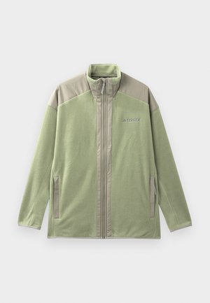 Lichtgroene fleecejack met volledige ritssluiting, met beige schouderpanelen, ritszakken aan de voorkant en een "TERREX" logo op de borst.