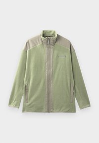 Jachetă din fleece verde deschis, cu fermoar complet, panouri bej pe umeri, buzunare frontale cu fermoar și logo-ul "TERREX" pe piept.