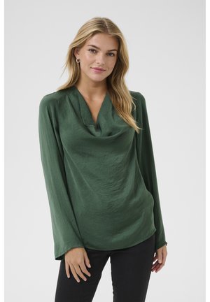 Green, long-sleeve blouse with a cowl neck and lightweight, slightly textured fabric. Features a relaxed fit and subtle sheen.
