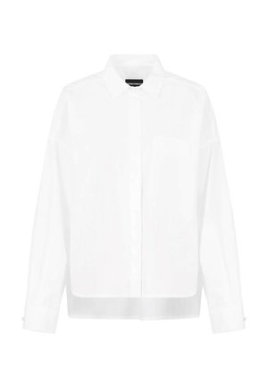 Camicia bianca a maniche lunghe in tessuto leggero, con colletto classico, chiusura anteriore con bottoni e taschino singolo sul petto. Orlo dritto.