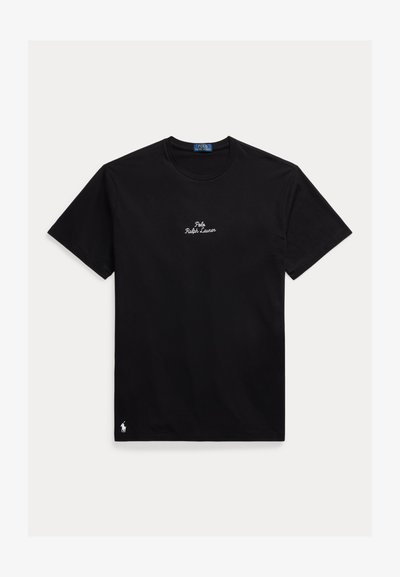 Black cotton T-shirt with a ribbed crew neck, short sleeves, and white embroidered text "Polo Ralph Lauren" on the chest. Small logo on hem.