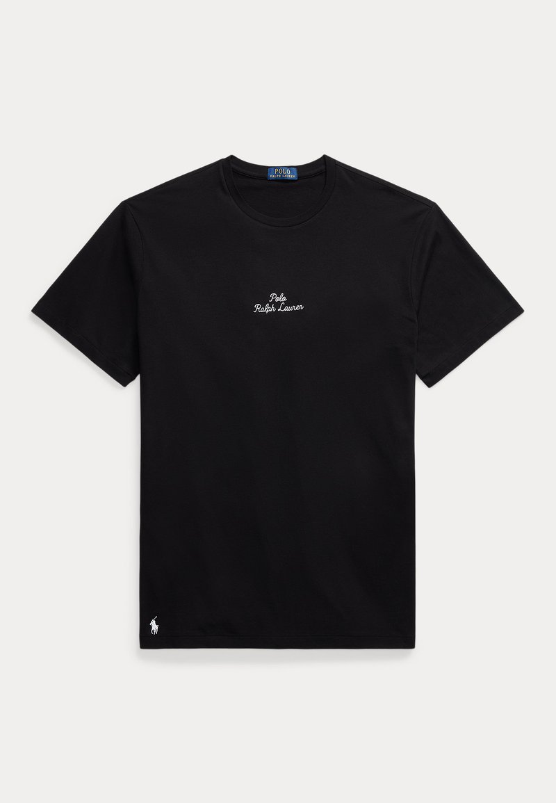 Μαύρη βαμβακερή μπλούζα T-shirt με ραμμένο λαιμό rib, κοντά μανίκια και άσπρο κεντητό κείμενο "Polo Ralph Lauren" στο στήθος. Μικρό λογότυπο στο τελείωμα.