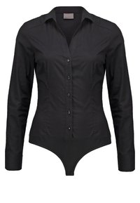 Body noir manches longues ajusté, boutonné, avec col et partie inférieure style string, conçu pour un look élégant et taillé.