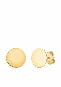 Pendientes de botón circulares de color dorado con acabado liso, que presentan un diseño sencillo y forma redonda, asegurados con un cierre de mariposa.