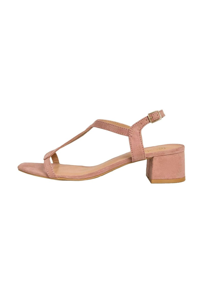 Sandalo con tacco in suede rosa, design a T, cinturino alla caviglia regolabile e soletta interna liscia.