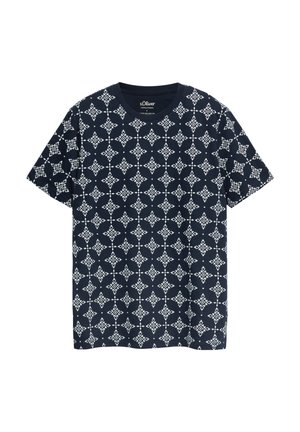 Granatowy T-shirt z krótkim rękawem z całkowitym białym geometrycznym wzorem diamentu i okrągłym dekoltem.