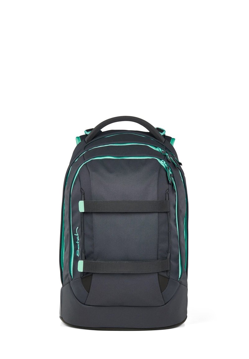 Schwarzer Rucksack mit türkisfarbenen Akzenten, ausgestattet mit gepolsterten Riemen, einem oberen Griff und zwei vorderen Riemen. Hergestellt aus robustem Stoff mit einer glatten Textur.