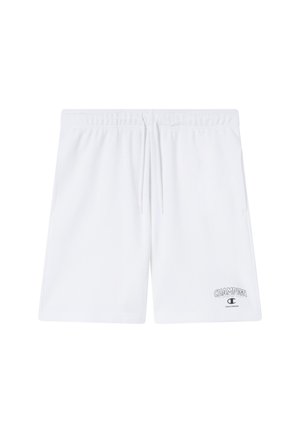 Shorts de sport blancs avec cordon de serrage et ceinture élastique, avec logo Champion et texte sur la partie inférieure gauche de la jambe.