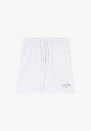 Shorts de sport blancs avec cordon de serrage et ceinture élastique, avec logo Champion et texte sur la partie inférieure gauche de la jambe.