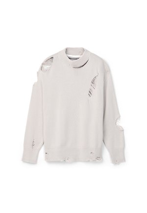 Light gray knit long-sleeve sweater with multiple intentional rips and tears on shoulders, sleeves, chest, and hem.