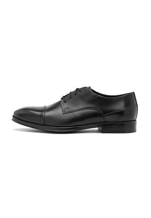 Czarne skórzane buty do eleganckiego stroju z okrągłym noskiem, gładką teksturą, sznurowanym designem oraz niskim, podniesionym obcasem. Posiadają proste detale szycia.