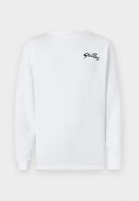 White long-sleeve T-shirt made of cotton, featuring a black logo on the left chest area. Crew neck and standard fit design.