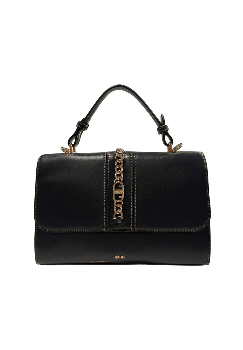 Borsa a mano in pelle nera con manico superiore, dettaglio in catena dorata e piccolo logo GAUDI al centro in basso.