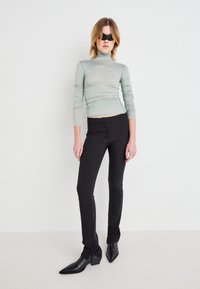 Lys grønn langermet turtleneck topp kombinert med tettsittende svarte bukser og svarte spisse støvletter. Glatt tekstur med lagdelt detalj.